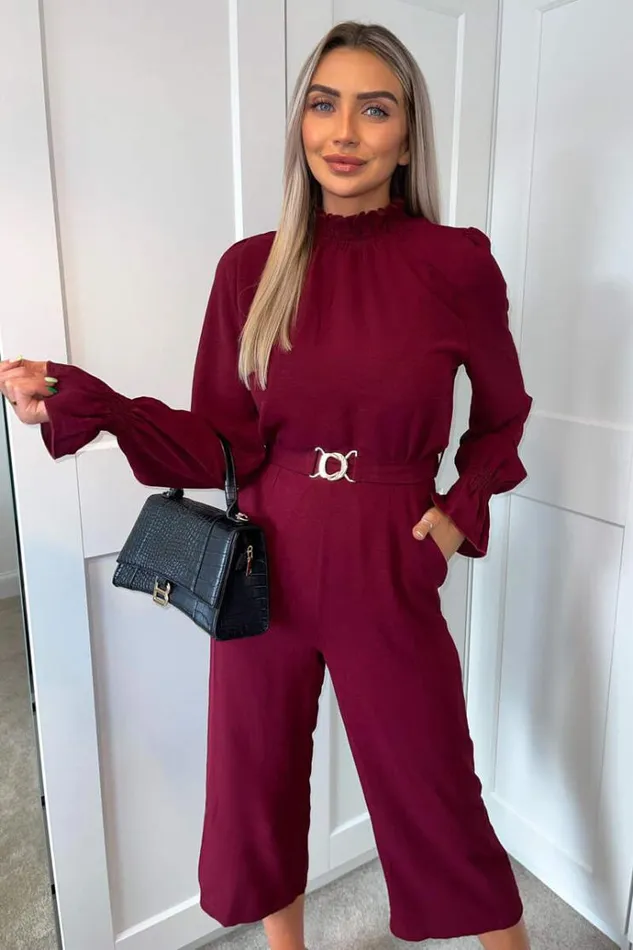 AX Paris Wine High Neck Long Sleeve Belted Jumpsuit Women Jumpsuits And Playsuits