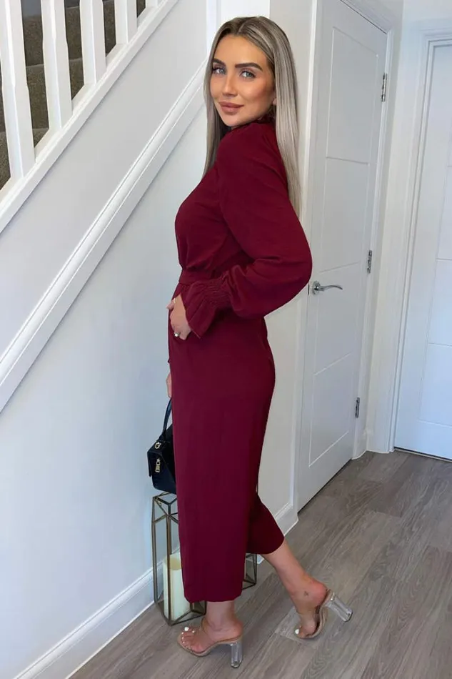 AX Paris Wine High Neck Long Sleeve Belted Jumpsuit Women Jumpsuits And Playsuits