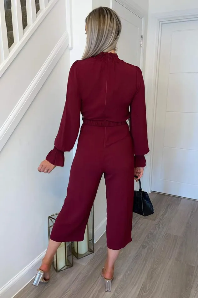 AX Paris Wine High Neck Long Sleeve Belted Jumpsuit Women Jumpsuits And Playsuits