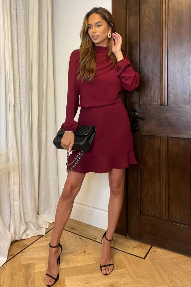 AX Paris Wine High Neck Long Sleeve Mini Dress Women Dresses