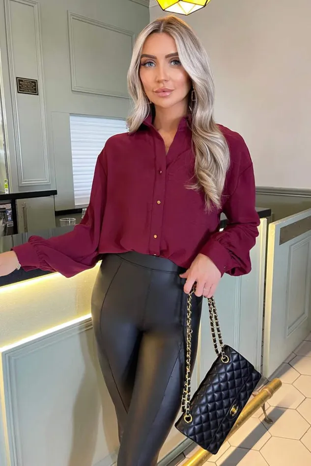 AX Paris Wine Long Sleeve Gold Button Front Shirt Women Tops