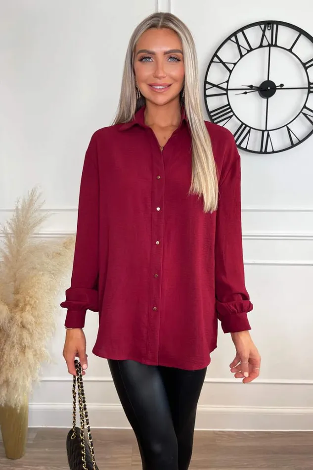 AX Paris Wine Long Sleeve Gold Button Front Shirt Women Tops