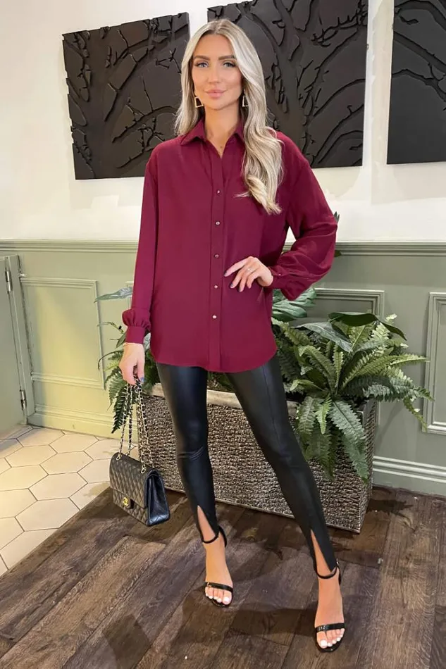AX Paris Wine Long Sleeve Gold Button Front Shirt Women Tops