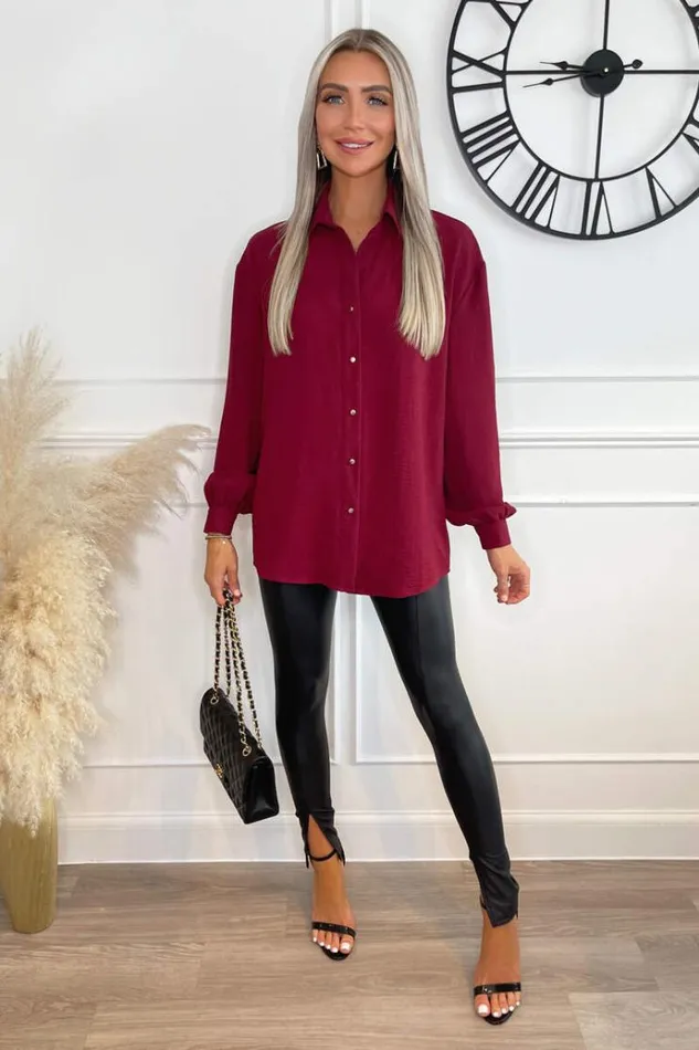 AX Paris Wine Long Sleeve Gold Button Front Shirt Women Tops