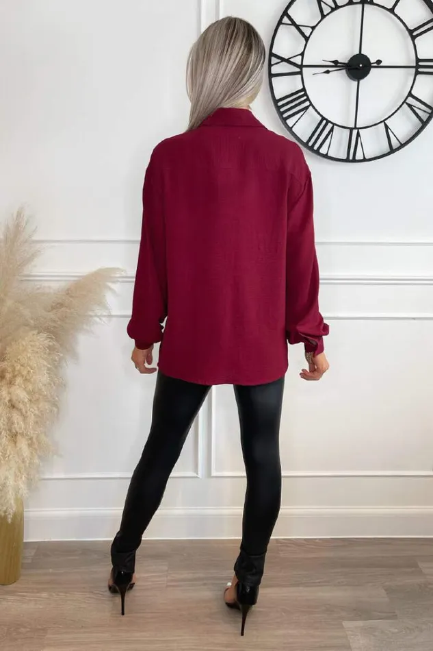 AX Paris Wine Long Sleeve Gold Button Front Shirt Women Tops