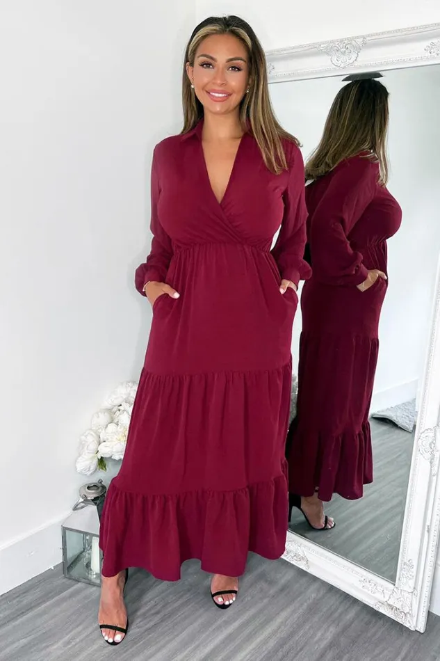 AX Paris Wine Long Sleeve Wrap Top Smock Midi Dress Women Dresses