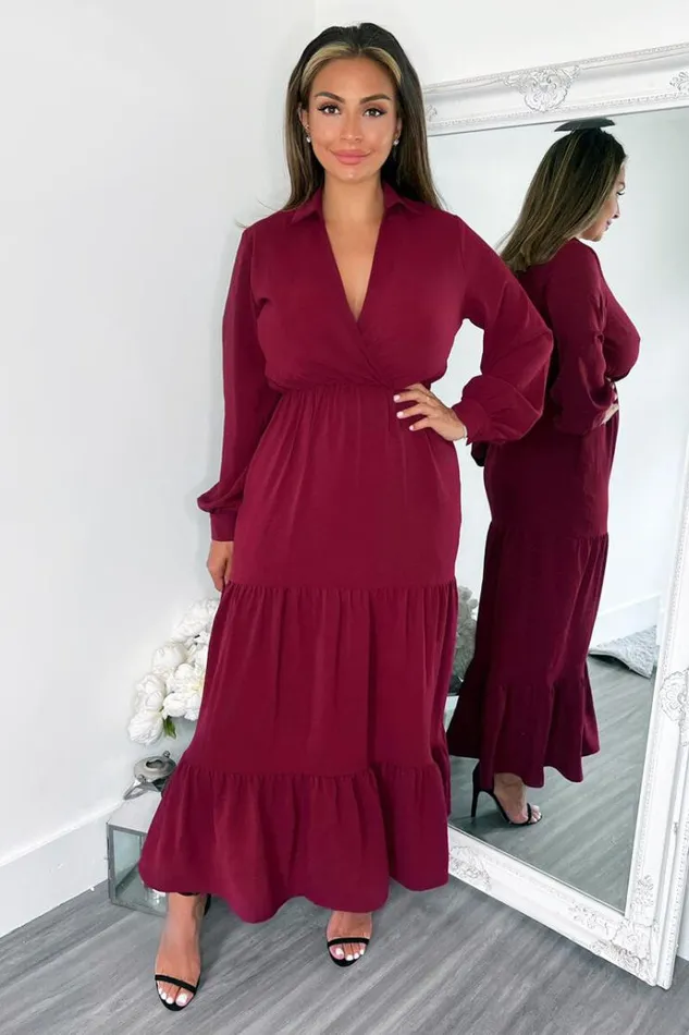 AX Paris Wine Long Sleeve Wrap Top Smock Midi Dress Women Dresses