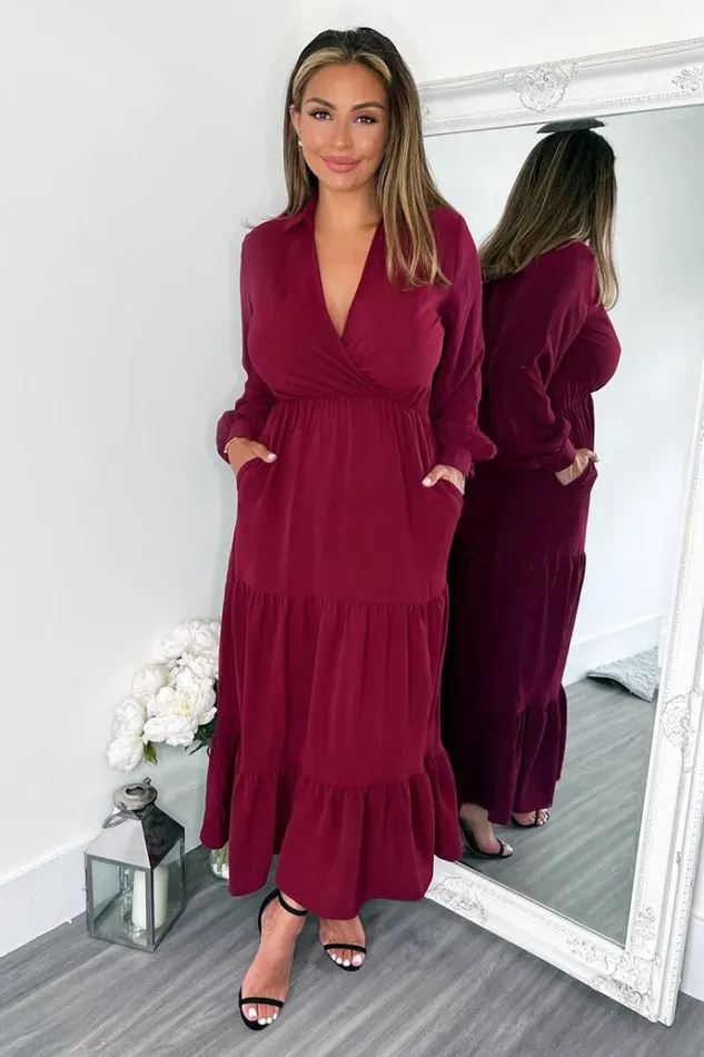 AX Paris Wine Long Sleeve Wrap Top Smock Midi Dress Women Dresses