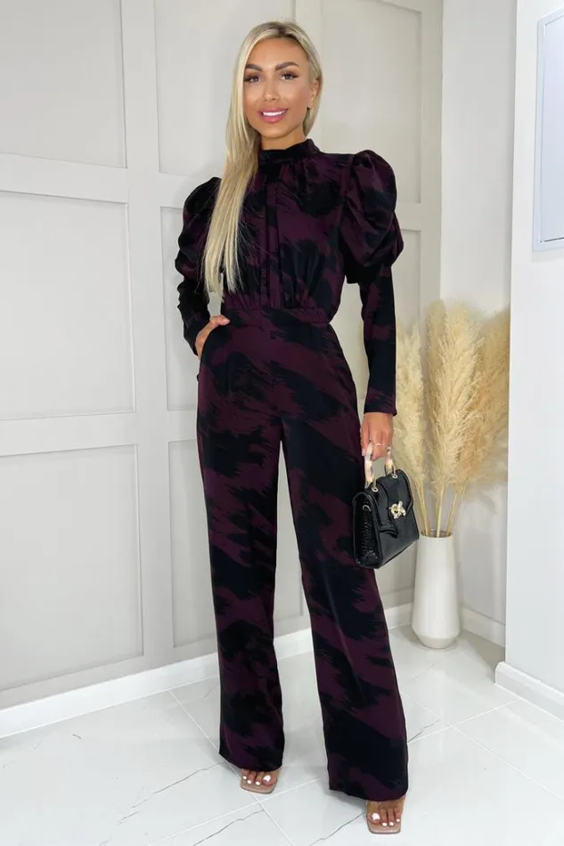 AX Paris Wine Printed High Neck Puff Sleeve Jumpsuit Women Jumpsuits And Playsuits AX Paris Wine Printed High Neck Puff Sleeve Jumpsuit Women Jumpsuits And Playsuits
