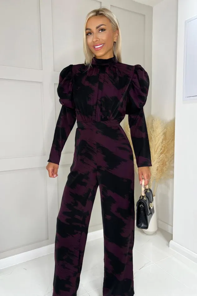 AX Paris Wine Printed High Neck Puff Sleeve Jumpsuit Women Jumpsuits And Playsuits