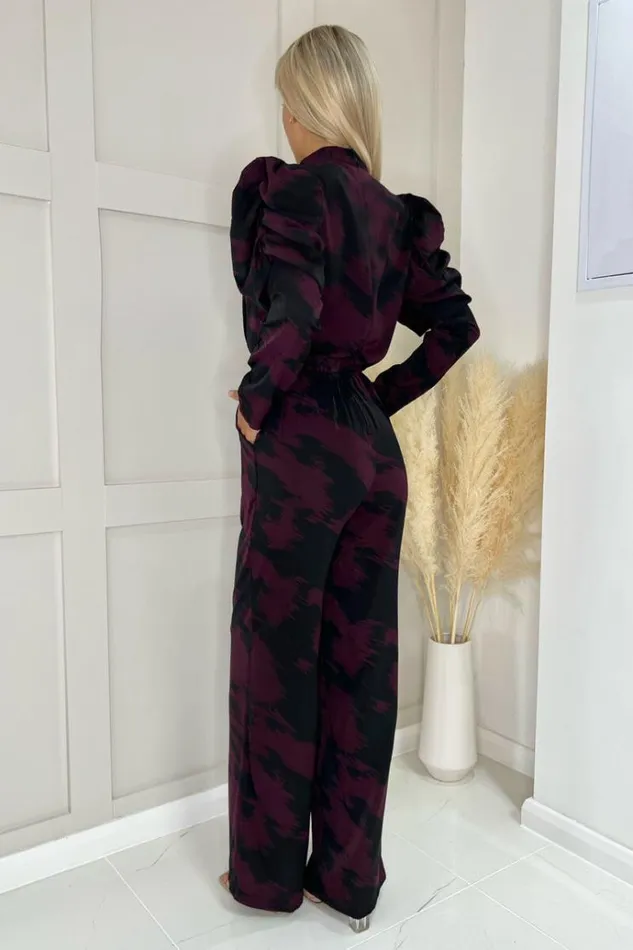 AX Paris Wine Printed High Neck Puff Sleeve Jumpsuit Women Jumpsuits And Playsuits
