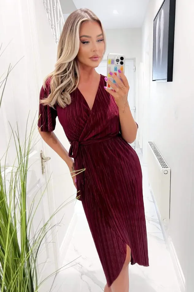 AX Paris Wine Wrap Top Belted Short Sleeve Plisse Midi Dress Women Dresses