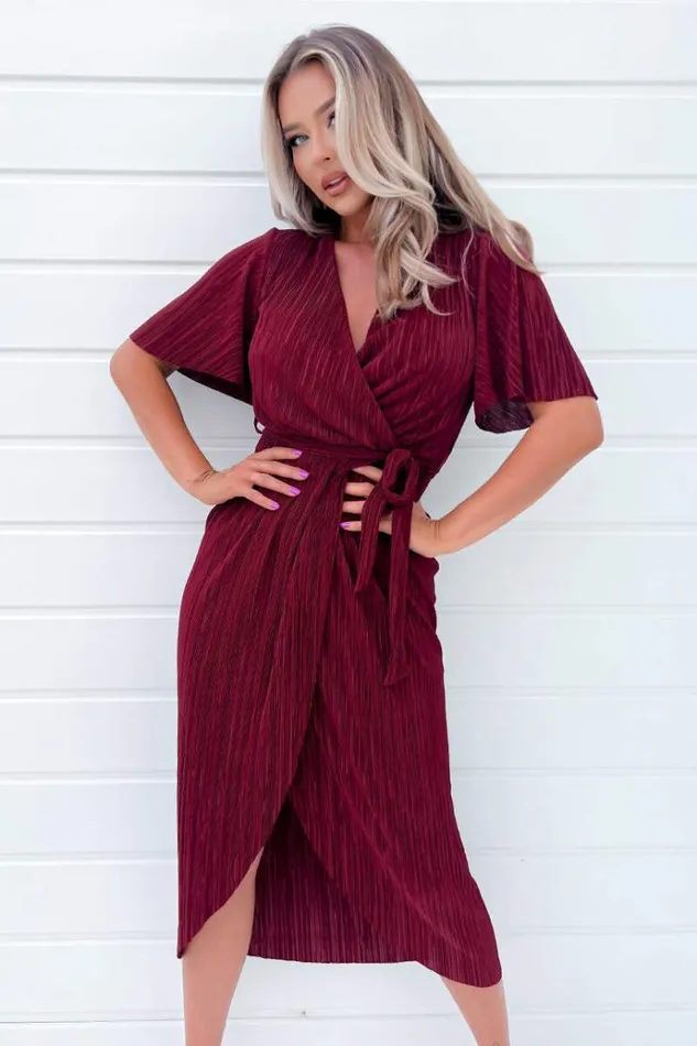 AX Paris Wine Wrap Top Belted Short Sleeve Plisse Midi Dress Women Dresses