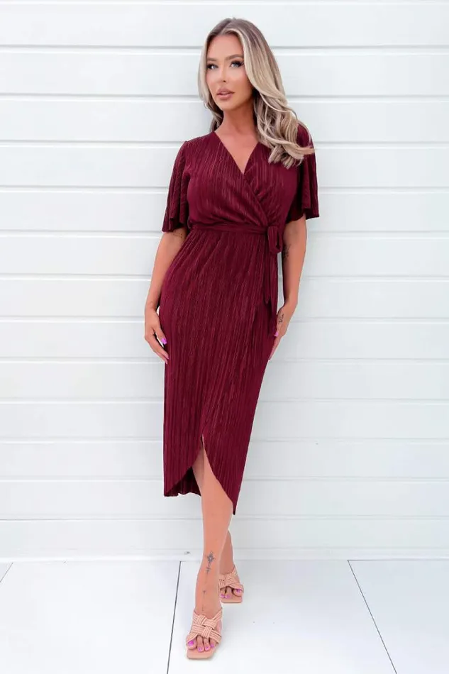 AX Paris Wine Wrap Top Belted Short Sleeve Plisse Midi Dress Women Dresses
