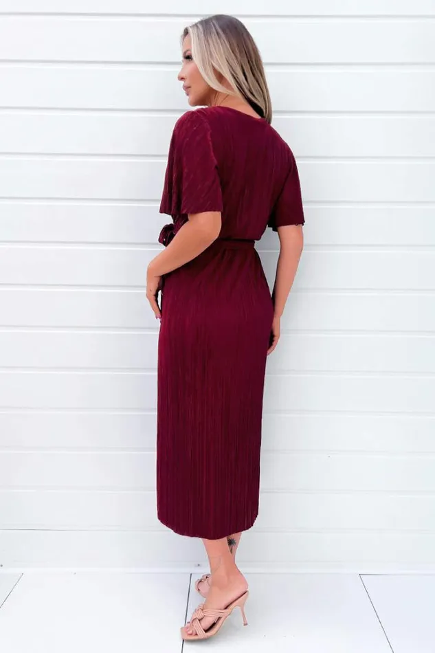 AX Paris Wine Wrap Top Belted Short Sleeve Plisse Midi Dress Women Dresses