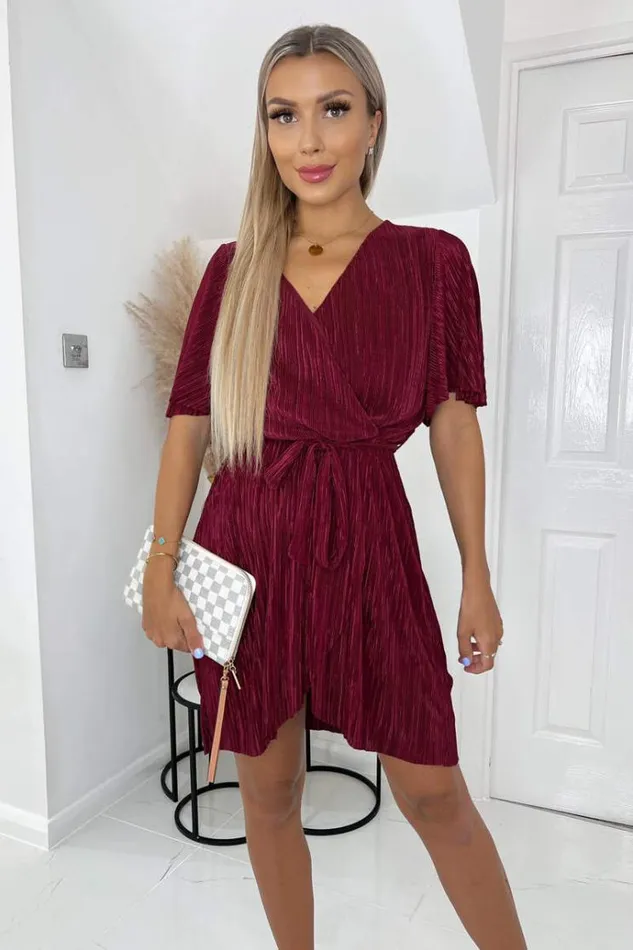 AX Paris Wine Wrap Top Belted Short Sleeve Plisse Mini Dress Women Dresses