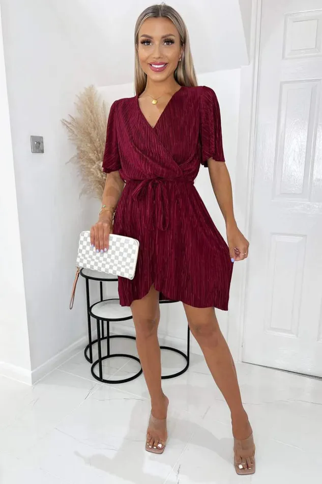AX Paris Wine Wrap Top Belted Short Sleeve Plisse Mini Dress Women Dresses
