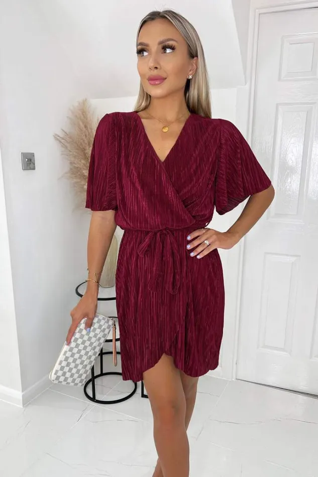 AX Paris Wine Wrap Top Belted Short Sleeve Plisse Mini Dress Women Dresses