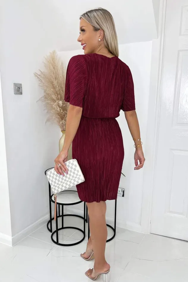 AX Paris Wine Wrap Top Belted Short Sleeve Plisse Mini Dress Women Dresses