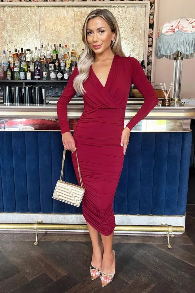 AX Paris Wine Wrap Top Long Sleeve Ruched Bodycon Midi Dress Women Dresses