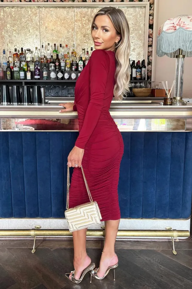 AX Paris Wine Wrap Top Long Sleeve Ruched Bodycon Midi Dress Women Dresses