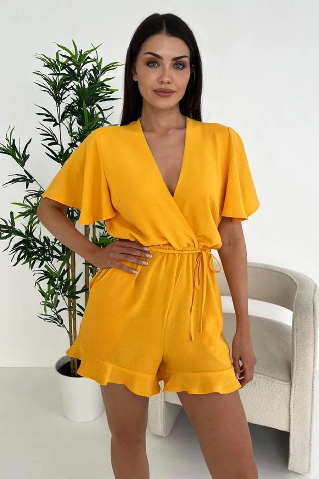 AX Paris Yellow Butterfly Sleeve Wrap Top Tie Waist Playsuit Women Jumpsuits And Playsuits