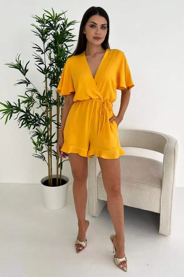 AX Paris Yellow Butterfly Sleeve Wrap Top Tie Waist Playsuit Women Jumpsuits And Playsuits