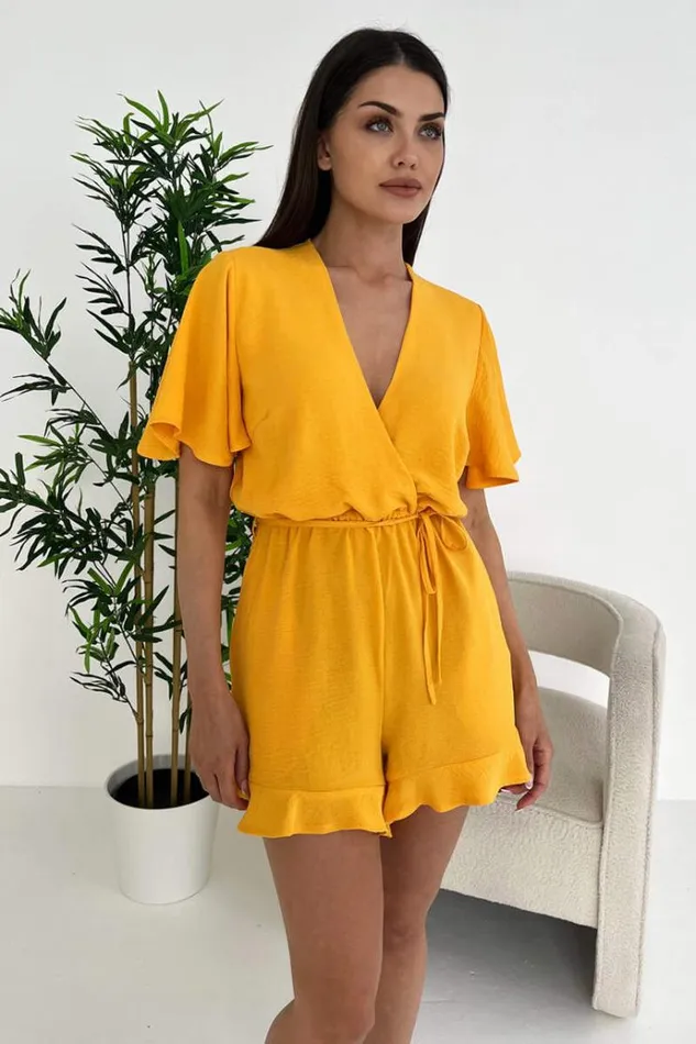 AX Paris Yellow Butterfly Sleeve Wrap Top Tie Waist Playsuit Women Jumpsuits And Playsuits
