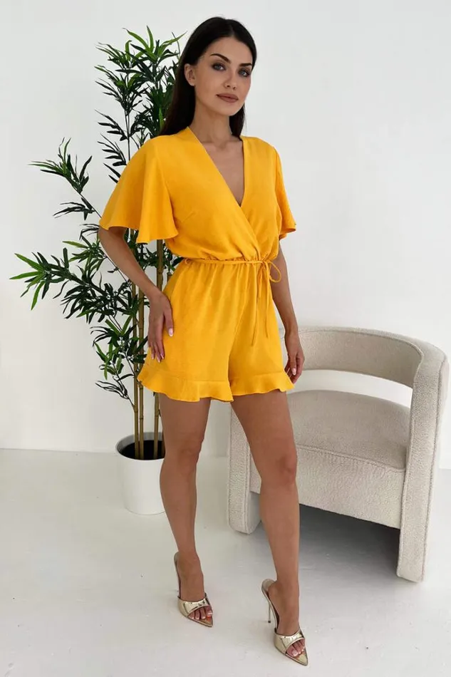 AX Paris Yellow Butterfly Sleeve Wrap Top Tie Waist Playsuit Women Jumpsuits And Playsuits