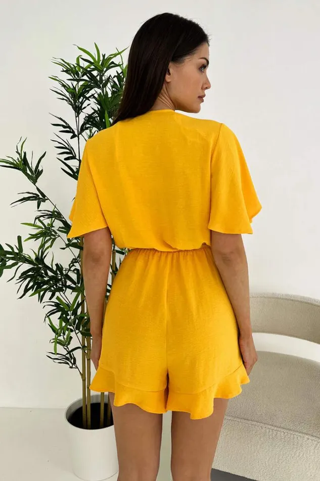 AX Paris Yellow Butterfly Sleeve Wrap Top Tie Waist Playsuit Women Jumpsuits And Playsuits
