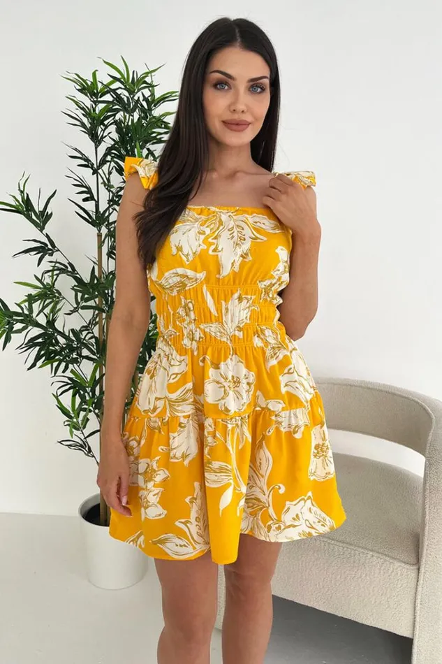 AX Paris Yellow Floral Printed Frill Strap Mini Dress Women Dresses