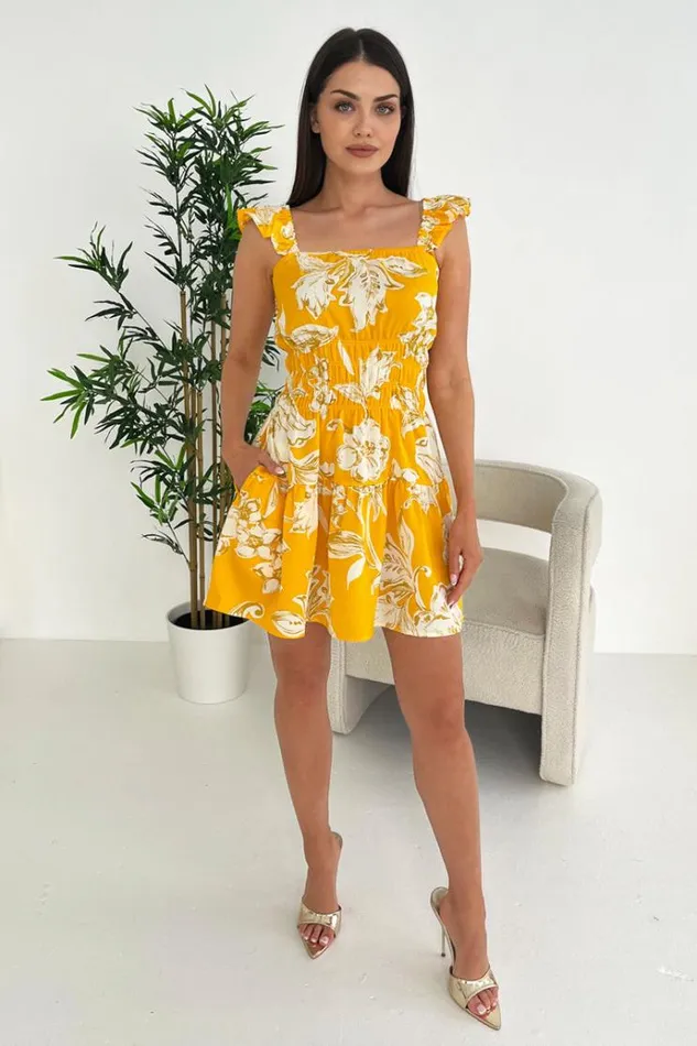 AX Paris Yellow Floral Printed Frill Strap Mini Dress Women Dresses