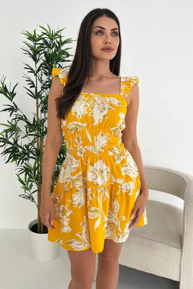 AX Paris Yellow Floral Printed Frill Strap Mini Dress Women Dresses