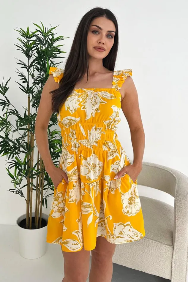 AX Paris Yellow Floral Printed Frill Strap Mini Dress Women Dresses