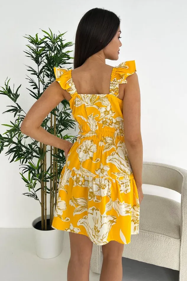 AX Paris Yellow Floral Printed Frill Strap Mini Dress Women Dresses