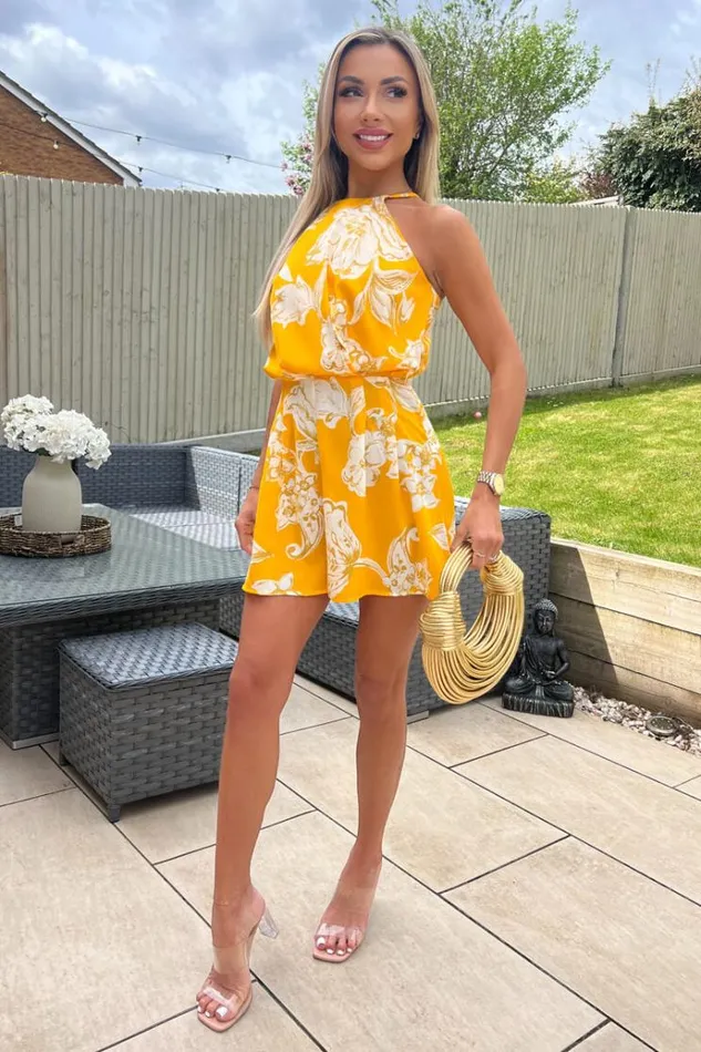 AX Paris Yellow Floral Printed High Neck Playsuit Women Jumpsuits And Playsuits