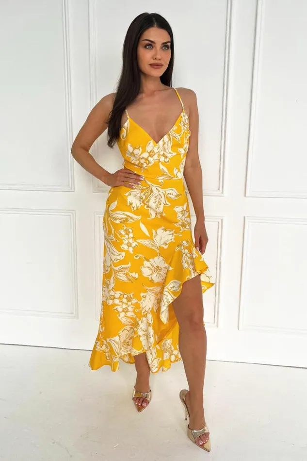 AX Paris Yellow Floral Printed Strappy High Low Frill Hem Midi Dress Women Dresses AX Paris Yellow Floral Printed Strappy High Low Frill Hem Midi Dress Women Dresses
