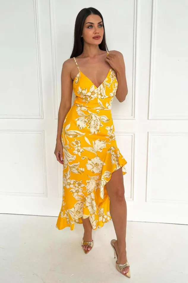 AX Paris Yellow Floral Printed Strappy High Low Frill Hem Midi Dress Women Dresses