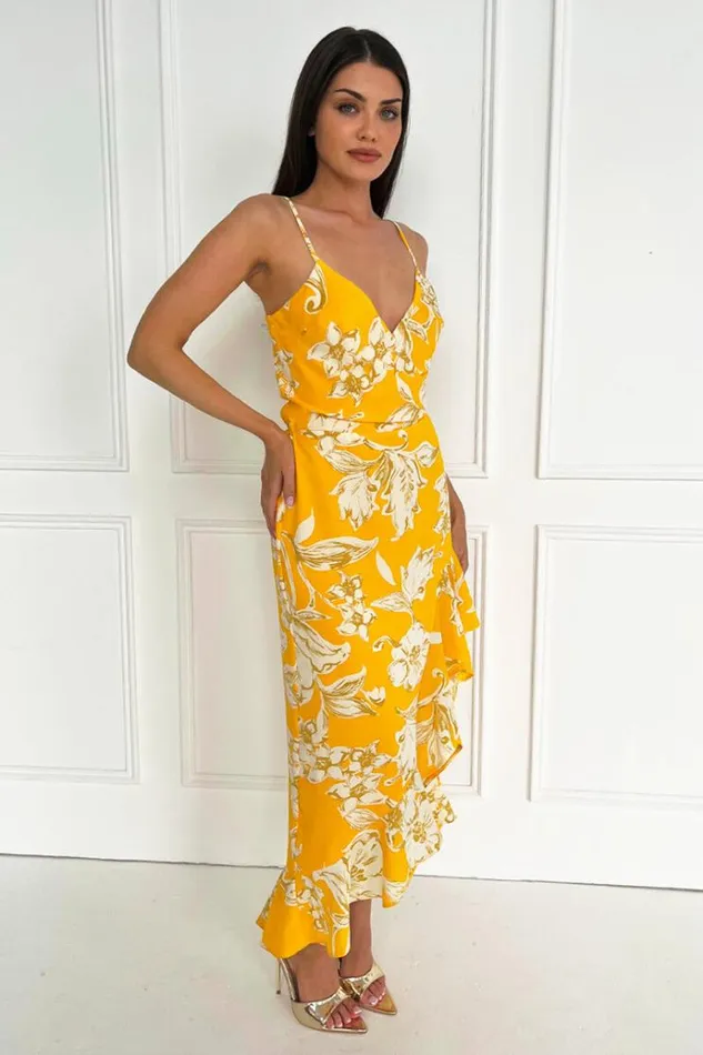 AX Paris Yellow Floral Printed Strappy High Low Frill Hem Midi Dress Women Dresses