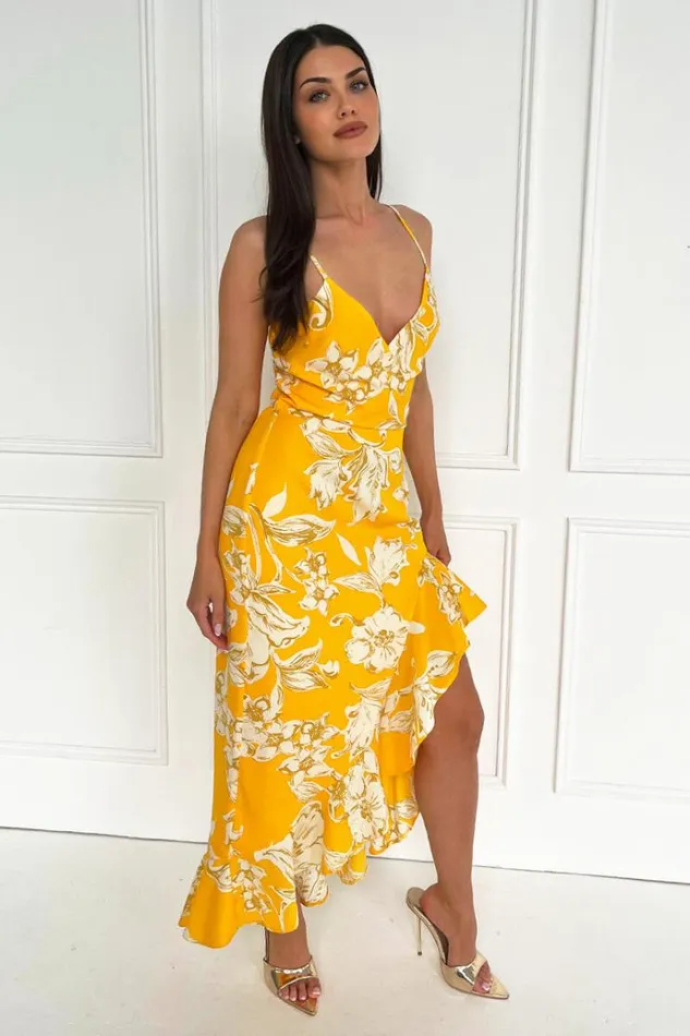 AX Paris Yellow Floral Printed Strappy High Low Frill Hem Midi Dress Women Dresses