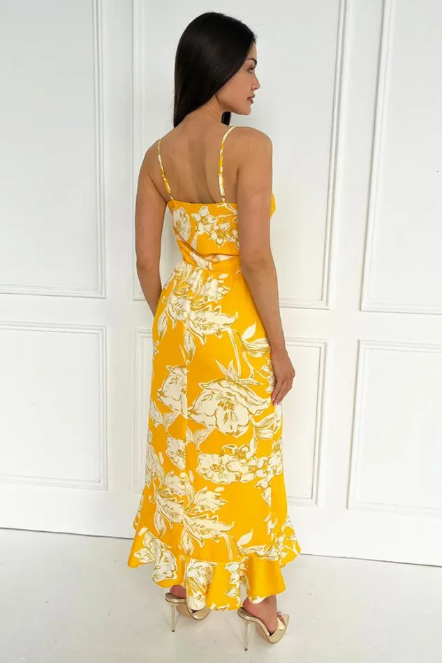 AX Paris Yellow Floral Printed Strappy High Low Frill Hem Midi Dress Women Dresses