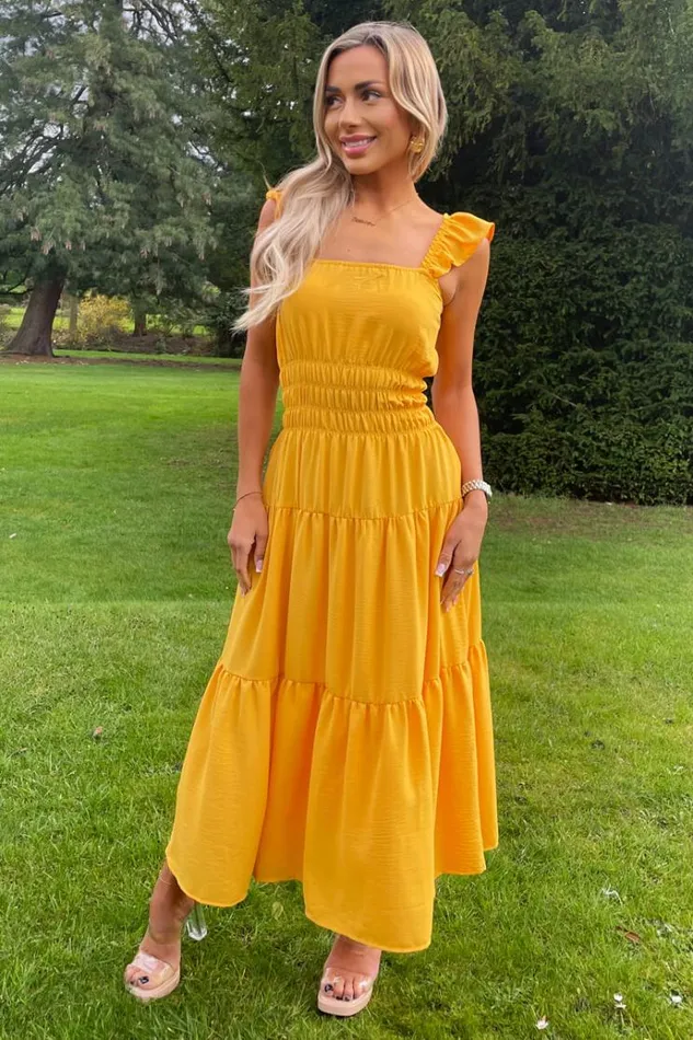 AX Paris Yellow Frill Strap Tiered Midi Dress Women Dresses