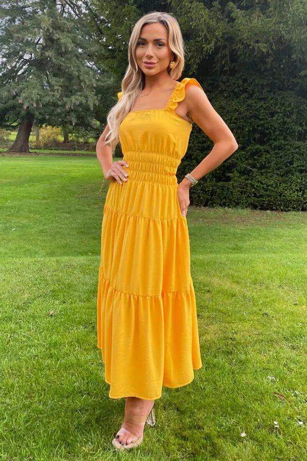AX Paris Yellow Frill Strap Tiered Midi Dress Women Dresses
