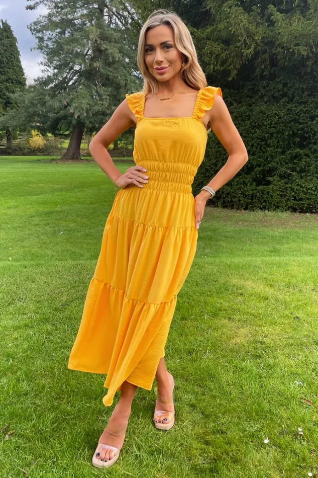 AX Paris Yellow Frill Strap Tiered Midi Dress Women Dresses