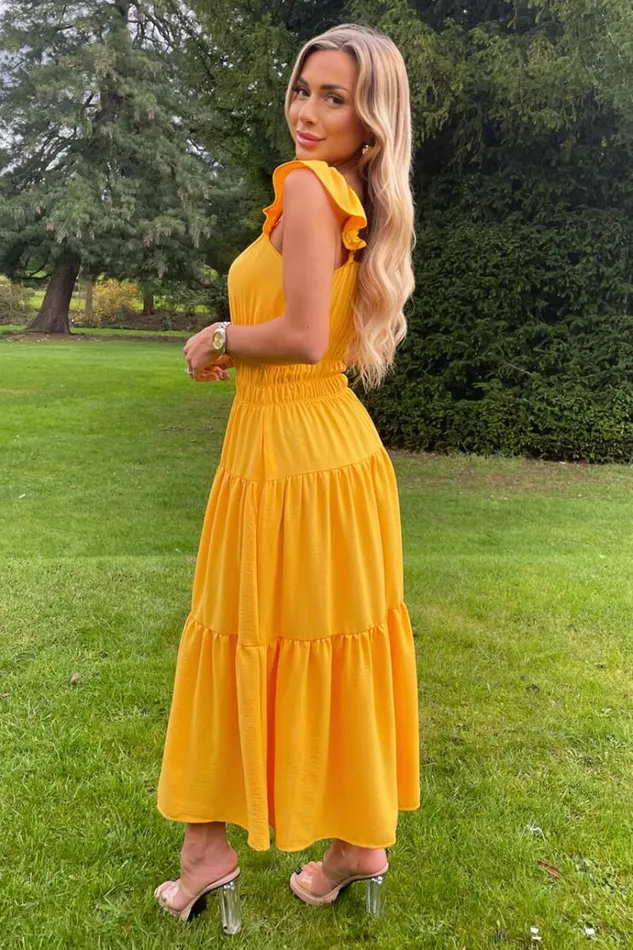 AX Paris Yellow Frill Strap Tiered Midi Dress Women Dresses