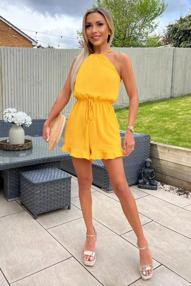 AX Paris Yellow Halter Neck Tie Waist Playsuit Women Jumpsuits And Playsuits