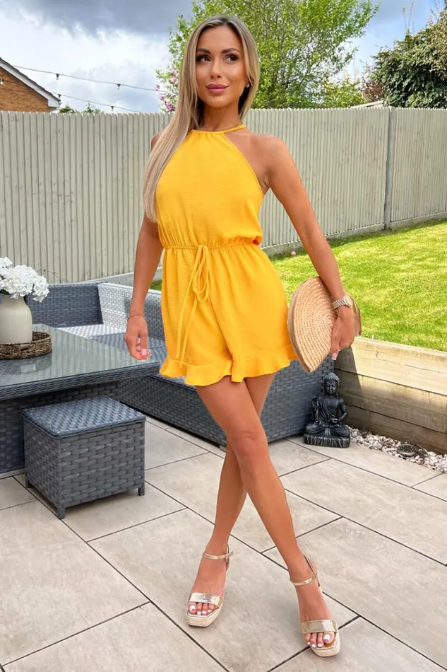 AX Paris Yellow Halter Neck Tie Waist Playsuit Women Jumpsuits And Playsuits