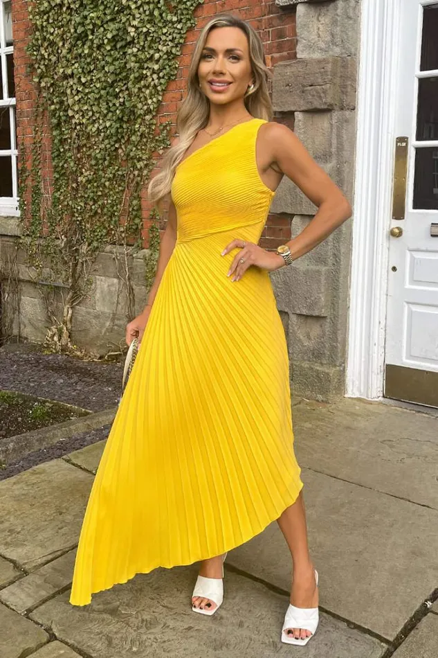 AX Paris Yellow One Shoulder Cut Out Pleated Midi Dress Women Dresses