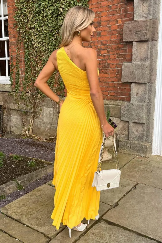 AX Paris Yellow One Shoulder Cut Out Pleated Midi Dress Women Dresses
