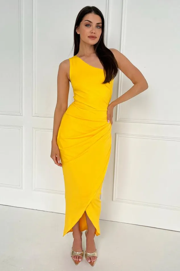 AX Paris Yellow One Shoulder Wrap Draped Midi Dress Women Dresses